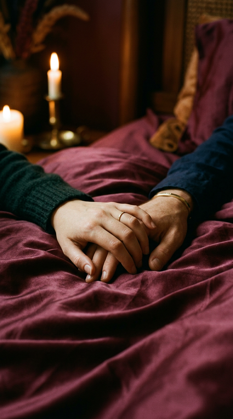 Two hands intertwined on wine silk sheets