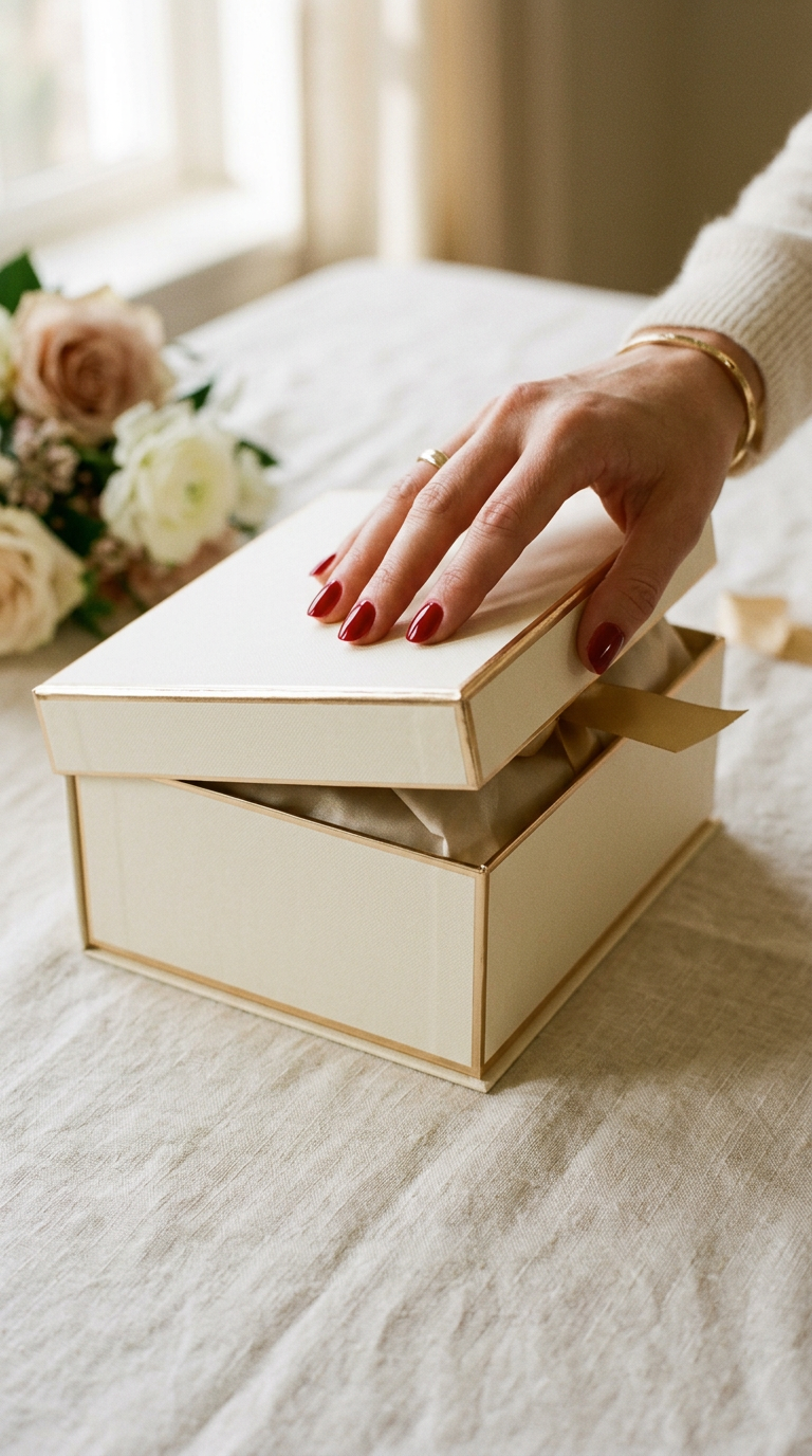 A hand opening a cream gift box