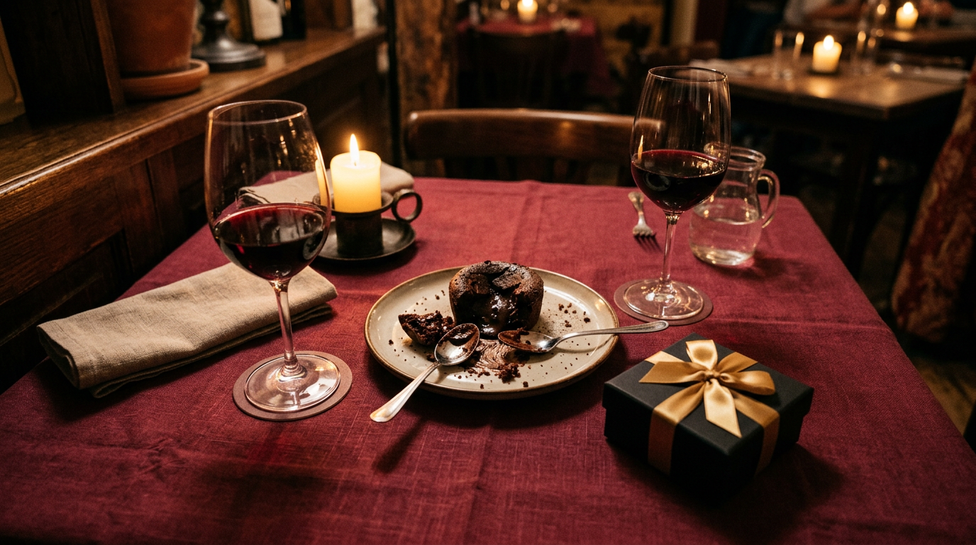 A candlelit table set for two