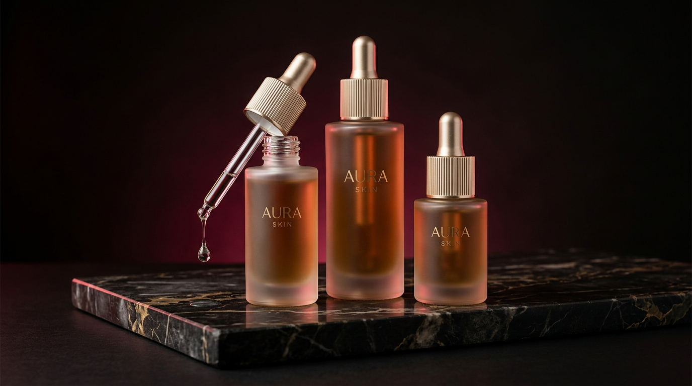 Three frosted bottles on dark marble
