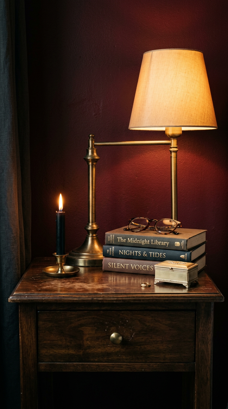 A walnut nightstand with a glowing brass lamp
